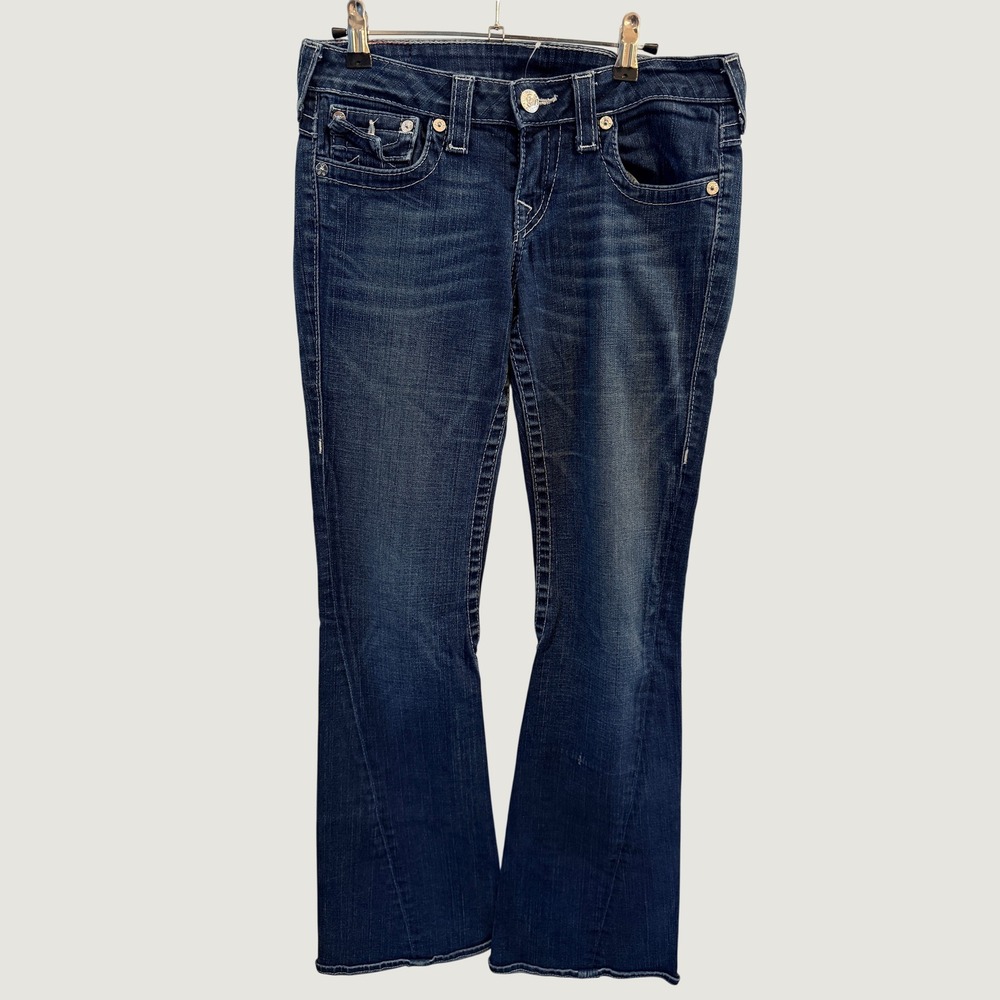True Religion Joey Flare Jeans Womens 29 Blue Dark Wash Contrast Stitch Y2K